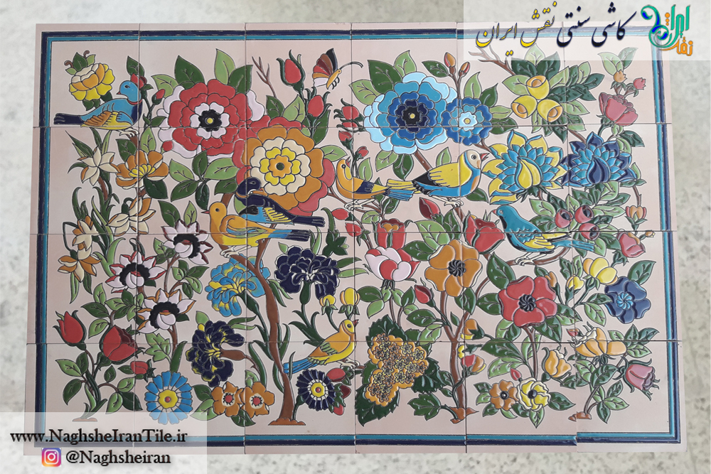 تابلوی گل  مرغ - بر روی خشت - بعد از رفتن به کوره|کاشی سنتی نقش ایران 